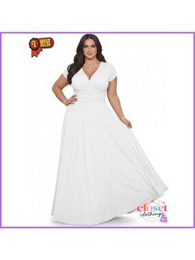Cap Sleeve V-Neck Flowy Maxi Cocktail Gown Semi Formal Dress